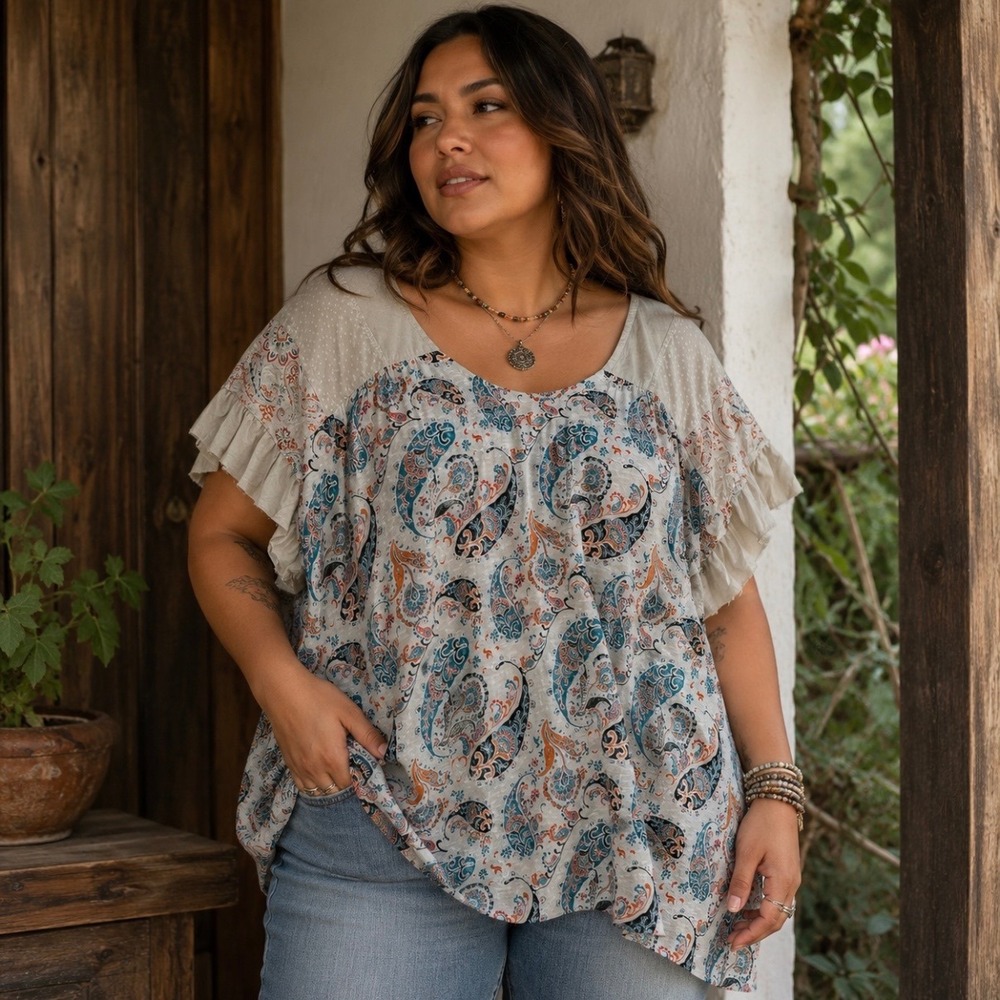 Boho Paisley Polka Dot Patchwork Ruffl Top 22/24W Lightweight Cotton Cottagecore